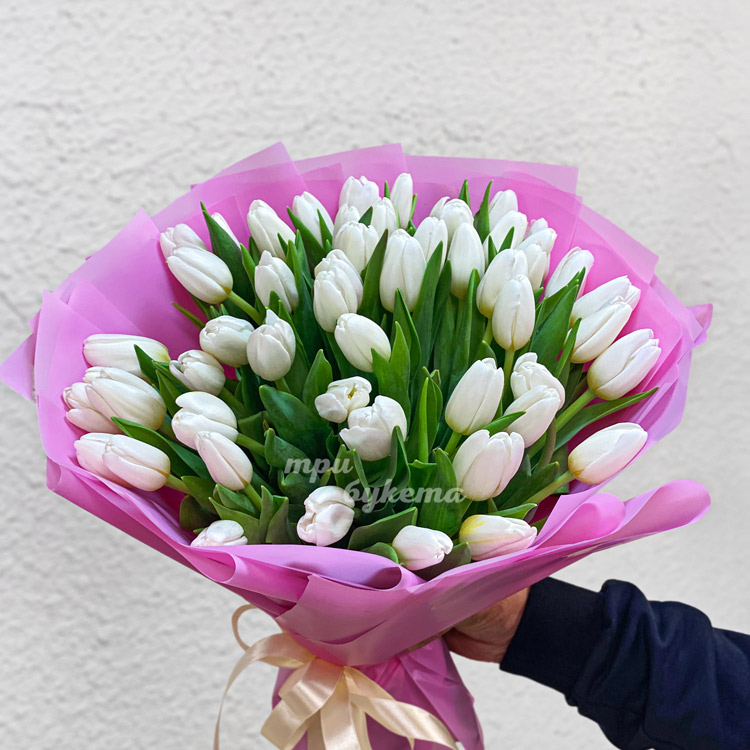 Букет из 51 белого тюльпана (крупный план)