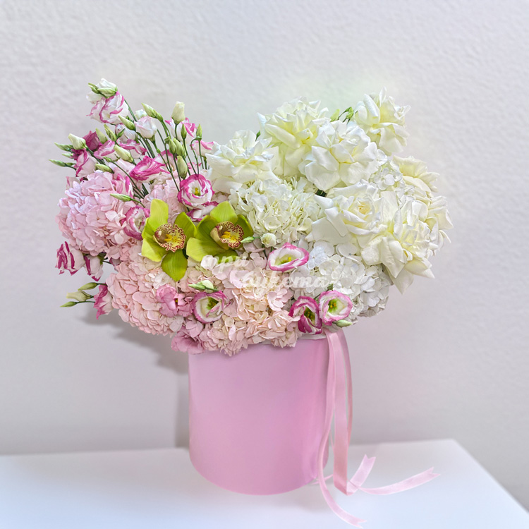 Коробка гортензий, эустом и французских роз